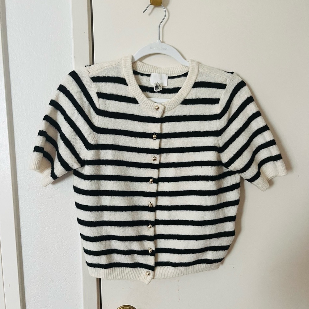 H&M Cream and Black Striped Short Sleeve Cardigan
